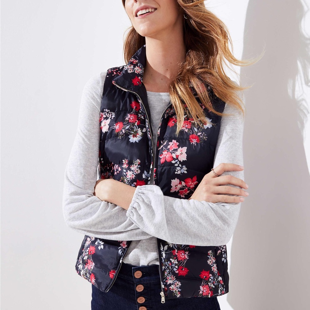 LOFT Floral Black Puffer Vest
